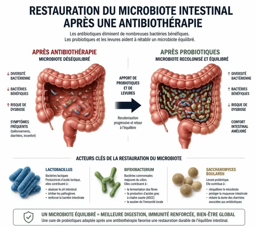 Schéma illustrant le mécanisme d'action des probiotiques après un traitement antibiotique pour restaurer la flore intestinale