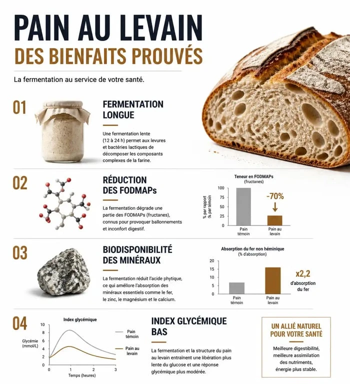 Infographie sur les bienfaits nutritionnels et digestifs du pain au levain pour la santé