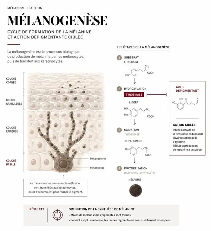 Schéma explicatif du fonctionnement d'un correcteur de taches brunes sur la mélanogenèse