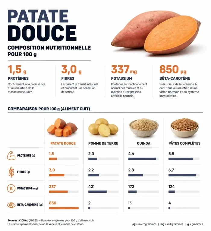 Infographie nutritionnelle comparant la teneur en protéines et les bienfaits santé de la patate douce par rapport aux autres féculents.