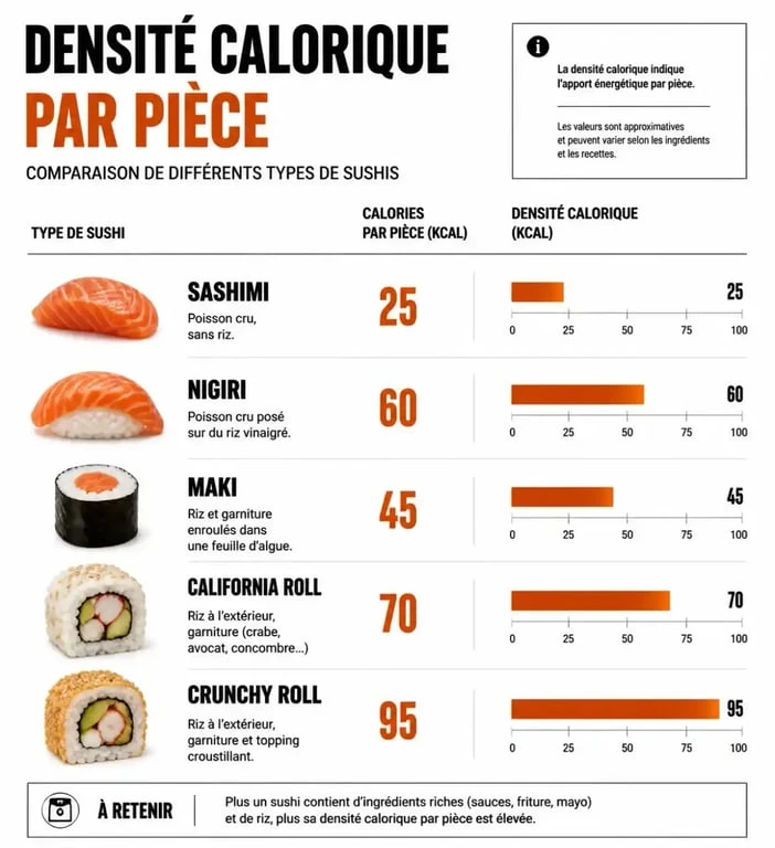 Infographie comparative des calories par type de sushi pour un repas équilibré