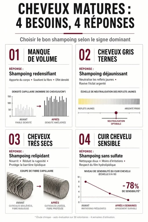 Infographie comparative des meilleurs shampoings pour cheveux matures selon les besoins capillaires