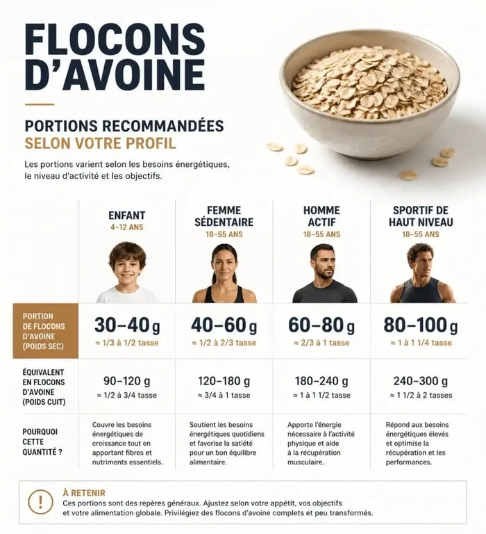 Infographie des portions recommandées de flocons d'avoine par profil pour le petit-déjeuner