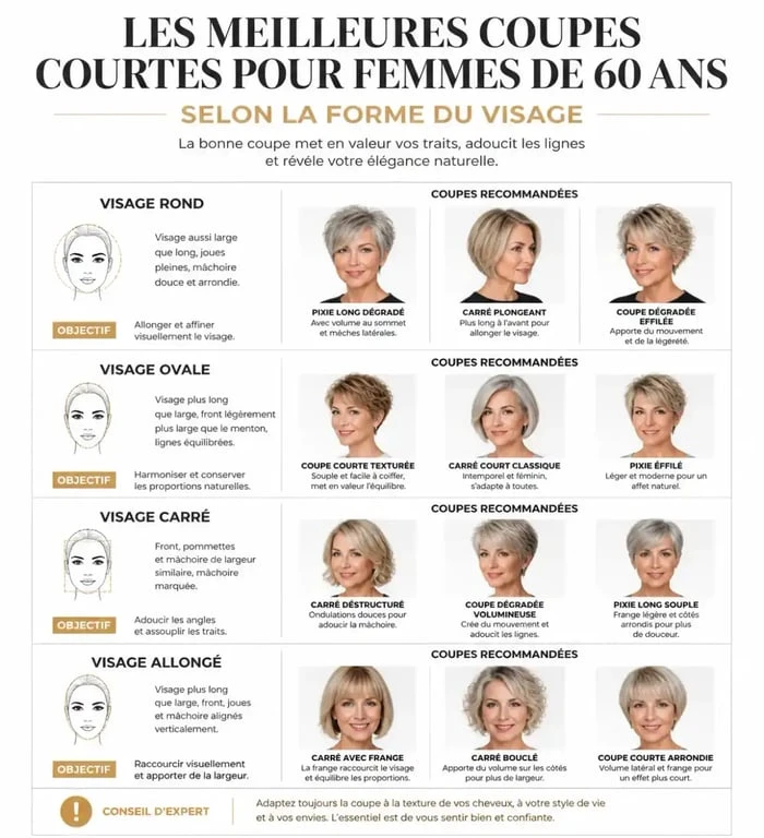 Infographie des meilleures coupes de cheveux courts pour femmes de 60 ans selon la forme du visage