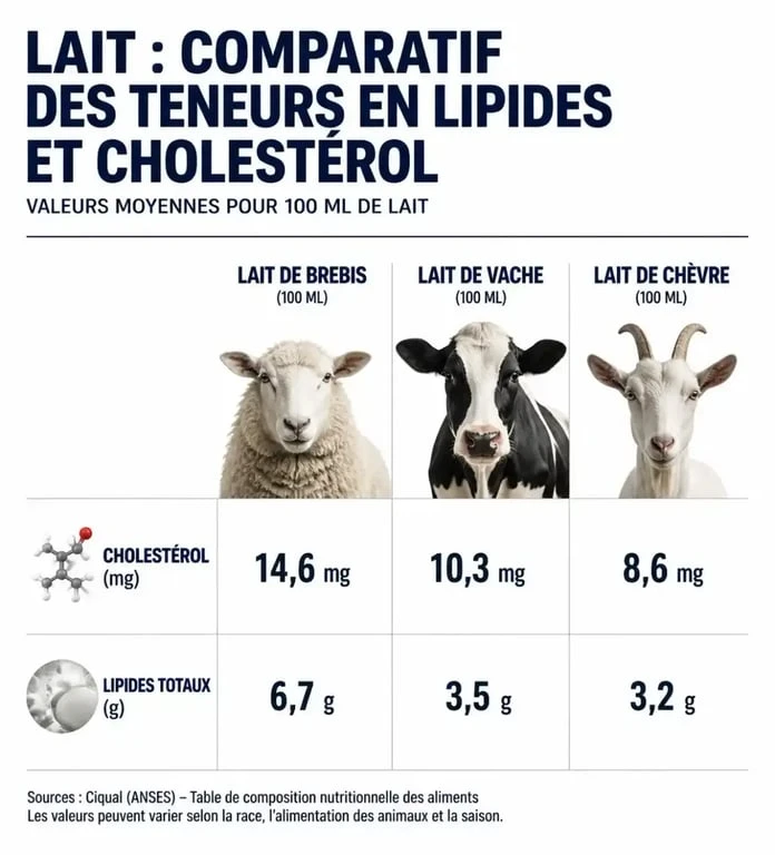 Comparaison nutritionnelle : cholestérol et lipides dans le lait de brebis, lait de vache et lait de chèvre