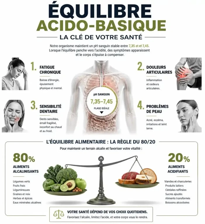 Infographie sur les 4 signes que votre corps est trop acide et conseils pour rétablir l'équilibre acido-basique.