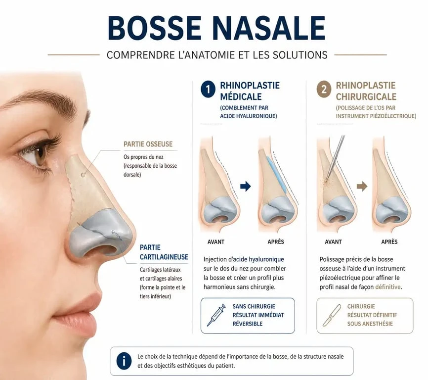Schéma anatomique comparatif des techniques de correction d'une bosse sur le nez : rhinoplastie médicale par injection versus rhinoplastie chirurgicale ultrasonique.
