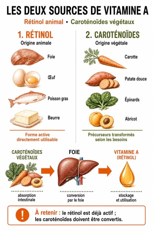Infographie des sources de vitamine A : aliments riches en rétinol et caroténoïdes