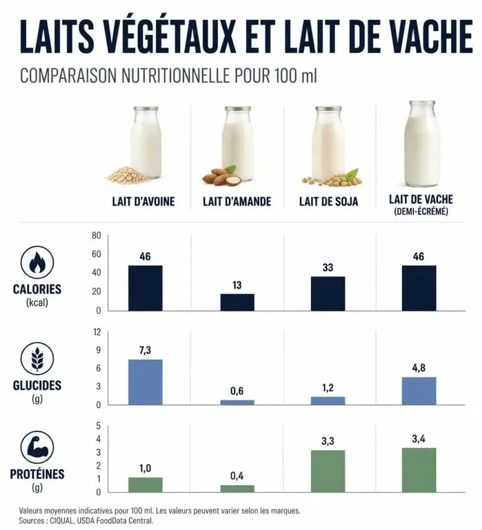 Infographie comparative des valeurs nutritionnelles du lait d'avoine pour maigrir par rapport aux autres laits végétaux et animaux