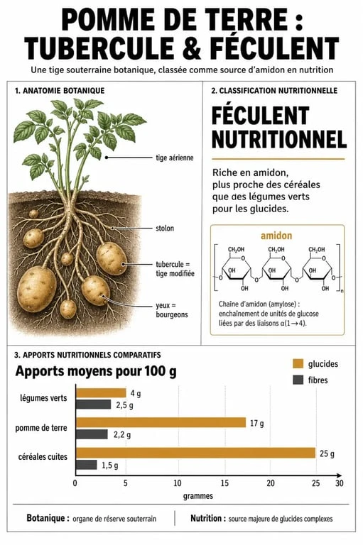 Infographie comparative : la pomme de terre, légume ou féculent ? Analyse nutritionnelle et classification.