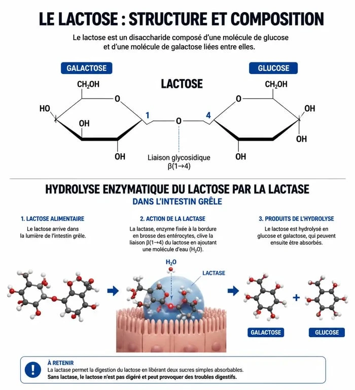 Schéma explicatif de la digestion du lactose et de l'action de la lactase