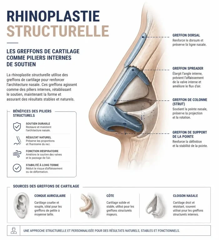 Schéma explicatif de la rhinoplastie structurelle brésilienne utilisant des greffons de cartilage pour le soutien nasal