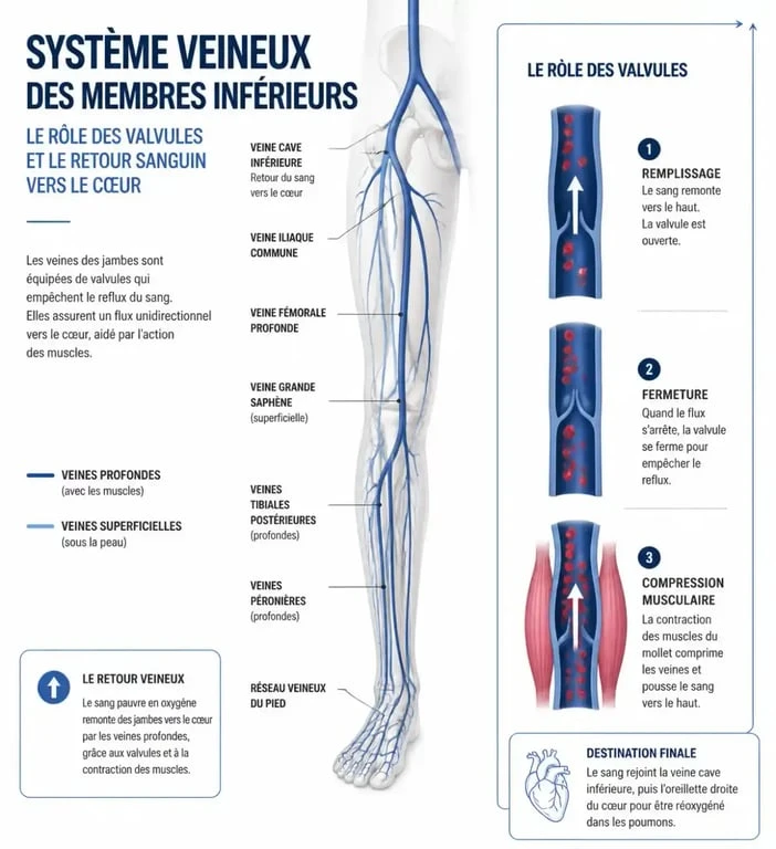 Schéma explicatif du retour veineux pour comprendre les causes des chevilles enflées chez les personnes âgées