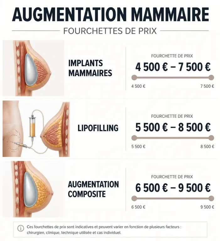 Infographie des tarifs d'augmentation mammaire en France par technique