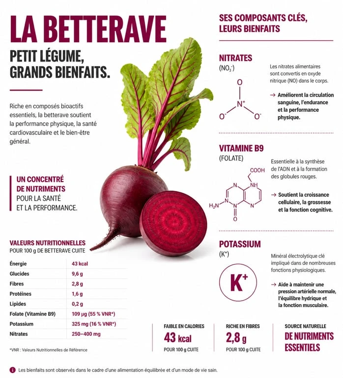 Infographie sur les bienfaits de la betterave pour la santé et ses apports nutritionnels