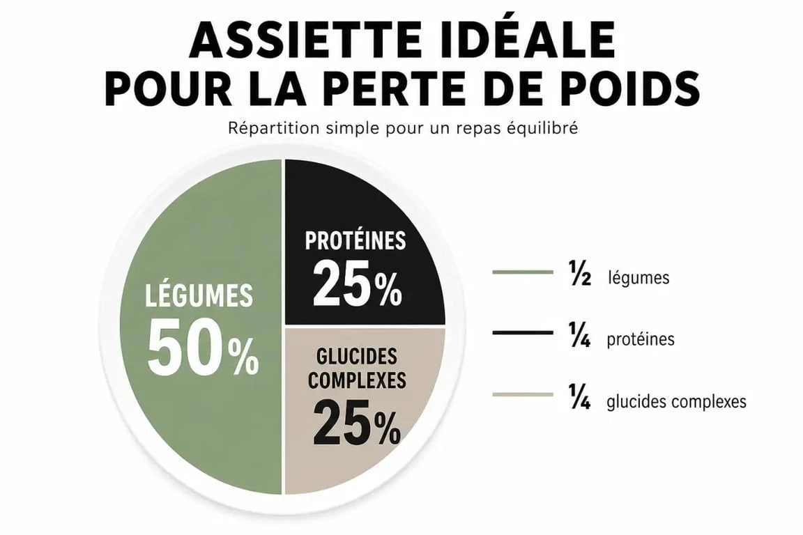 Infographie montrant la composition d'une assiette équilibrée pour une alimentation perte de poids