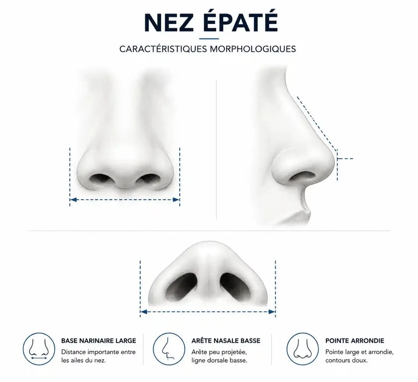 Schéma anatomique illustrant les caractéristiques d'un nez épaté