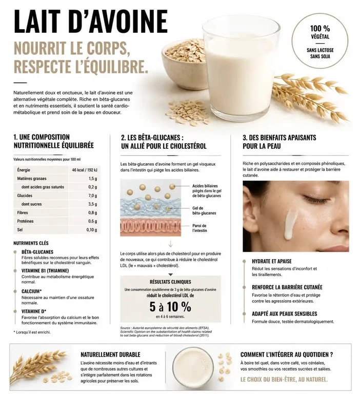 Infographie sur les bienfaits santé du lait d'avoine : nutrition, cholestérol et peau