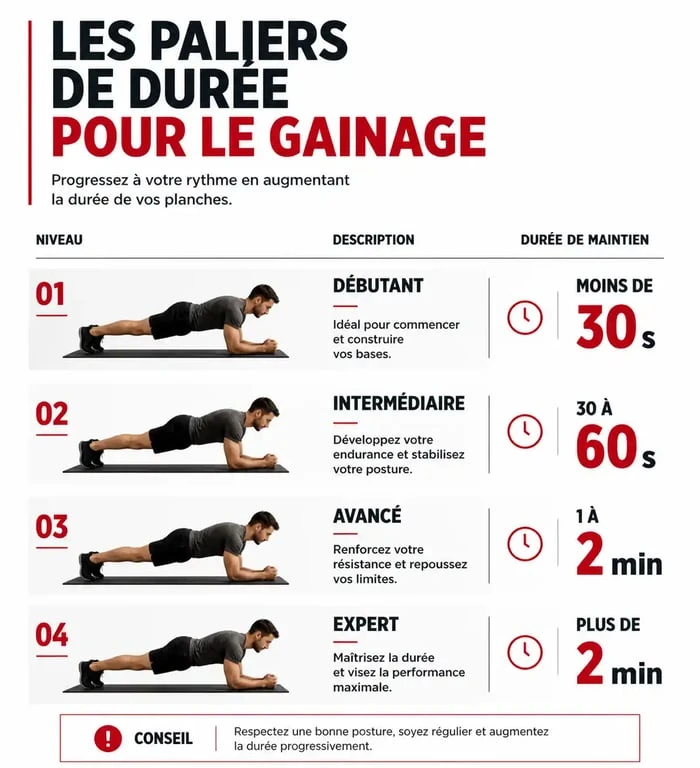 Infographie des paliers de temps pour le gainage : combien de temps tenir en planche selon son niveau.
