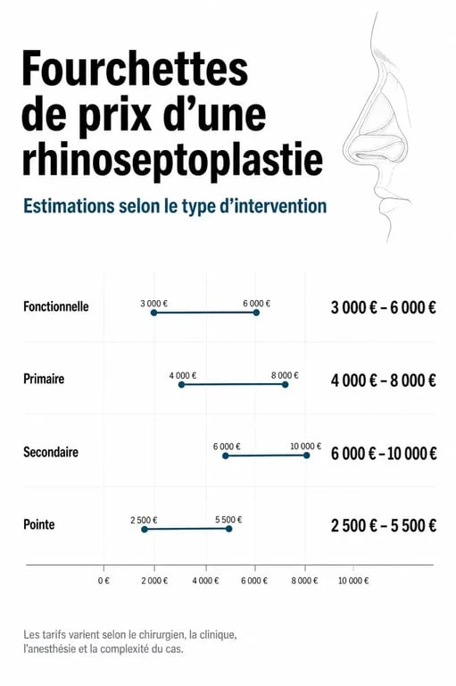 Infographie des prix moyens d'une rhinoseptoplastie en France selon le type d'intervention
