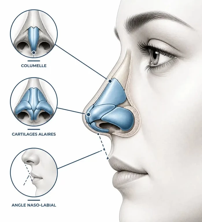 Schéma anatomique illustrant la columelle nez et l'angle naso-labial pour une rhinoplastie