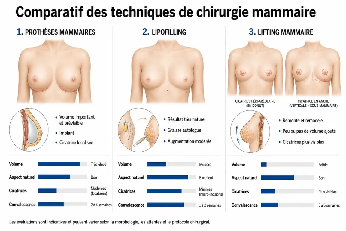 Comparatif des techniques de chirurgie pour des seins refaits : prothèses, lipofilling et lifting
