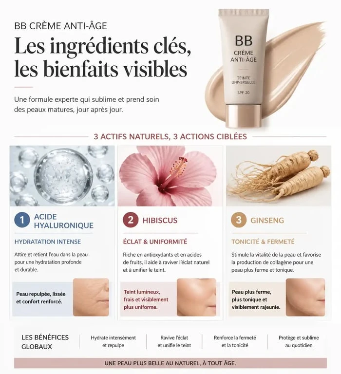 Infographie des ingrédients clés de la meilleure BB crème anti-âge pour peaux matures