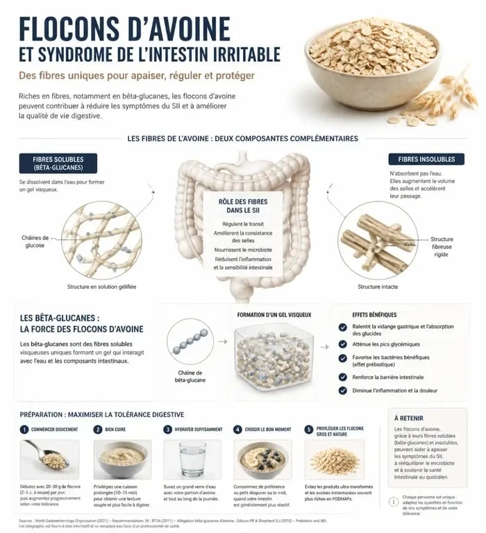 Infographie sur les bienfaits des flocons d'avoine et l'intestin irritable pour une digestion sereine