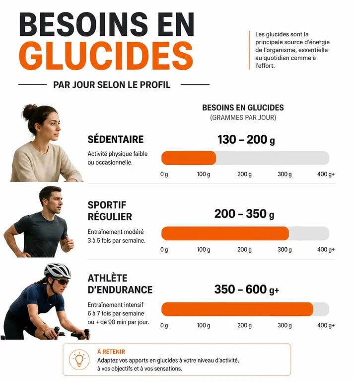 Infographie des besoins en glucides par jour selon le niveau d'activité physique