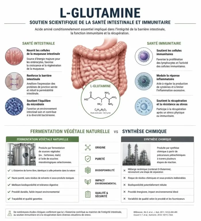 Infographie sur les bienfaits et la qualité de la L-Glutamine en poudre pour la santé intestinale et musculaire