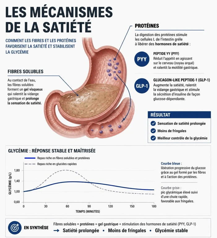 Infographie expliquant les mécanismes biologiques des aliments qui coupent la faim et la satiété