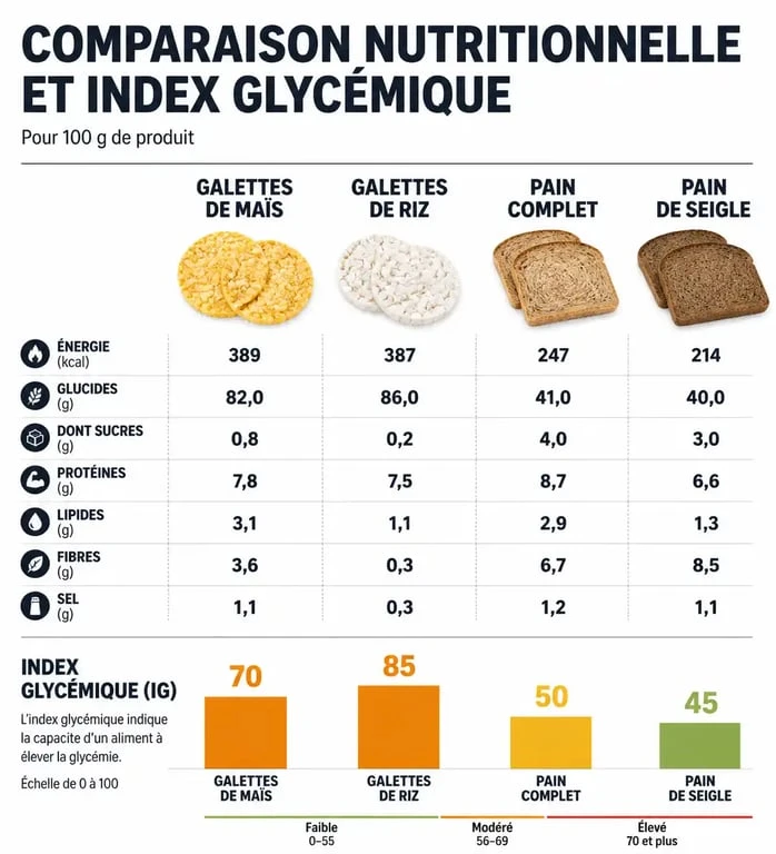 Comparatif nutritionnel et index glycémique : galettes de maïs vs pain complet et seigle