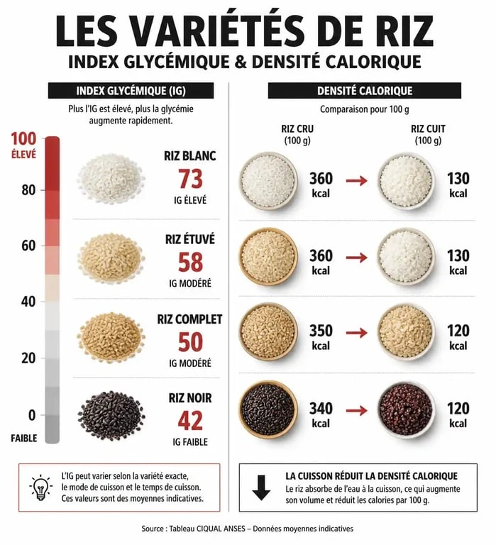 Infographie comparative des calories dans le riz et index glycémique des différentes variétés