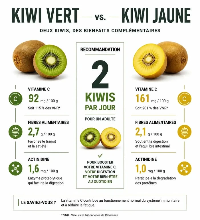 Infographie sur les bienfaits nutritionnels du kiwi et la quantité recommandée par jour