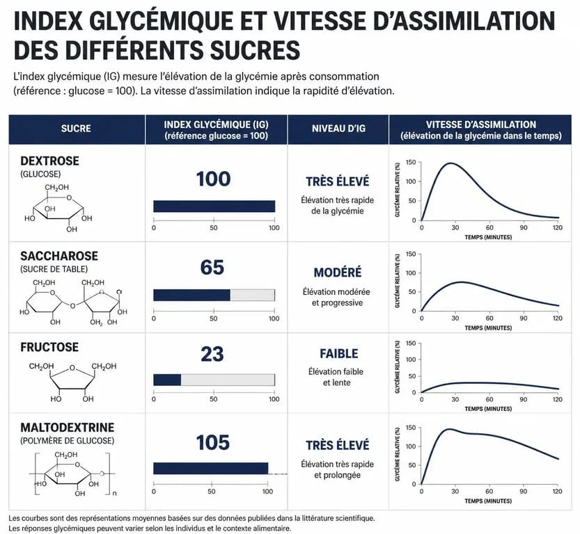 Infographie comparative de l'indice glycémique et de la vitesse d'assimilation du dextrose par rapport aux autres sucres
