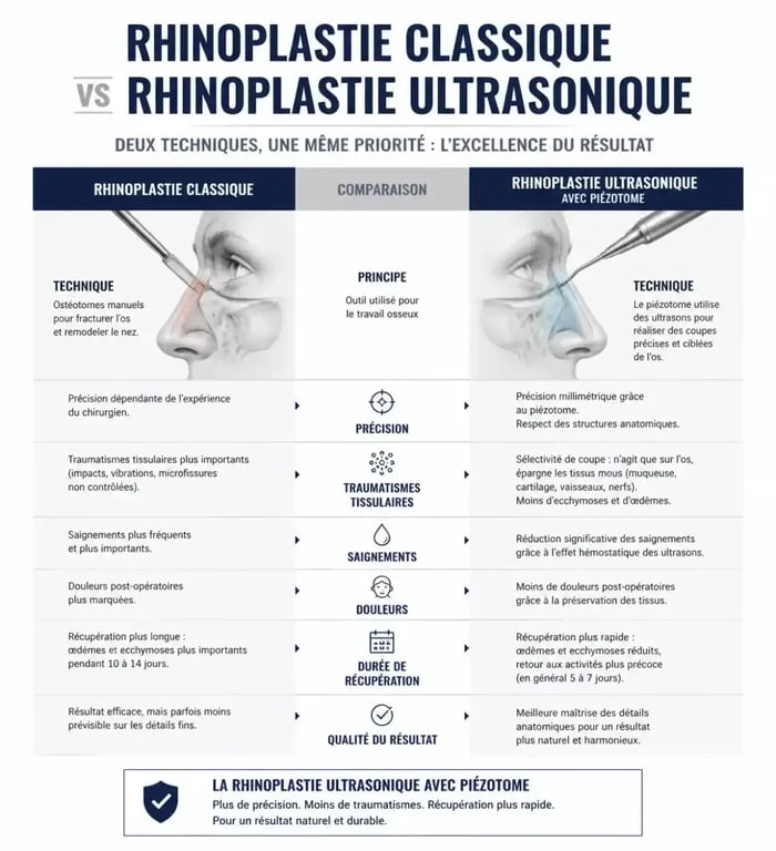 Comparatif des avantages de la rhinoplastie ultrasonique par rapport à la méthode classique pour une chirurgie du nez précise.