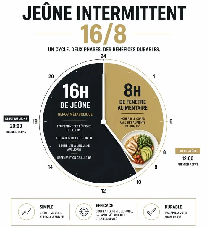 Schéma explicatif du cycle 16/8 pour comment faire le jeûne intermittent
