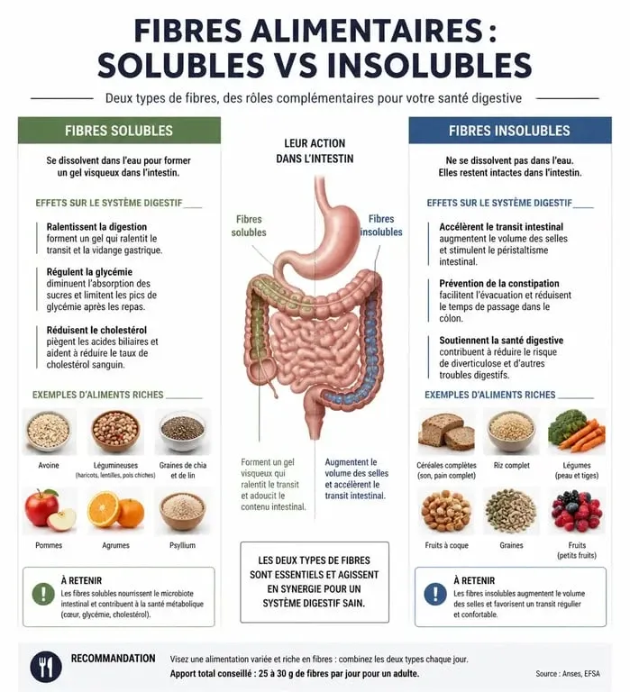 Infographie sur les bienfaits des aliments riches en fibres et la différence entre fibres solubles et insolubles pour la santé digestive.