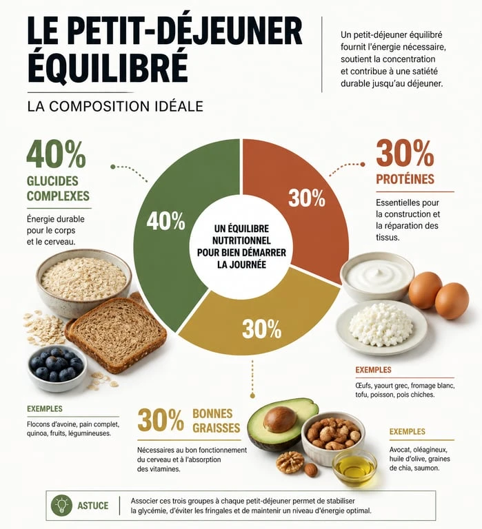 Infographie sur la composition idéale d'un petit-déjeuner équilibré pour savoir que manger le matin
