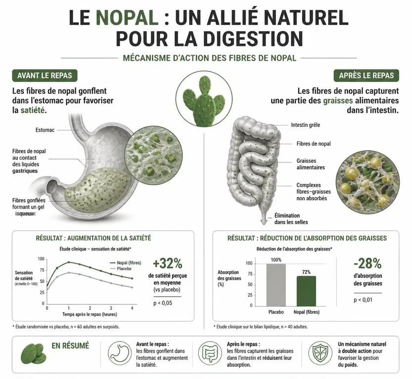 Infographie expliquant quand prendre le nopal avant ou après le repas pour la perte de poids et la satiété