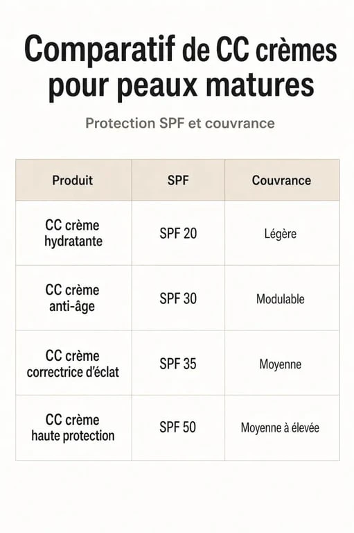 Tableau comparatif des meilleures CC crèmes pour peau mature : Erborian, IT Cosmetics, La Roche-Posay et Chanel.