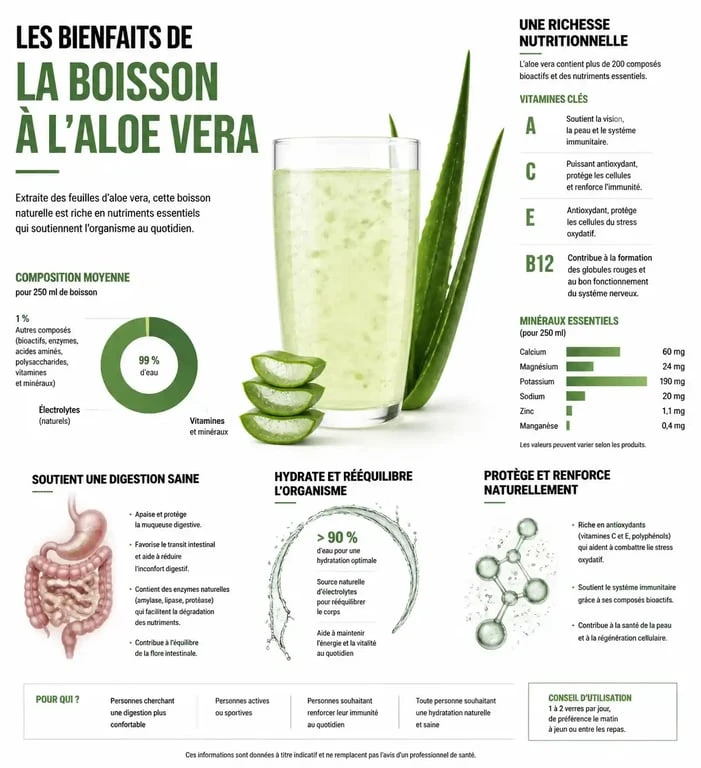 Infographie sur les bienfaits nutritionnels et les propriétés santé de la boisson à l'aloe vera