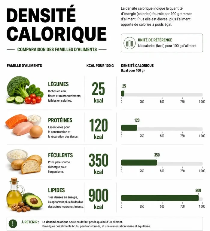 Infographie comparative de la densité calorique des familles d'aliments pour le tableau des calories des aliments
