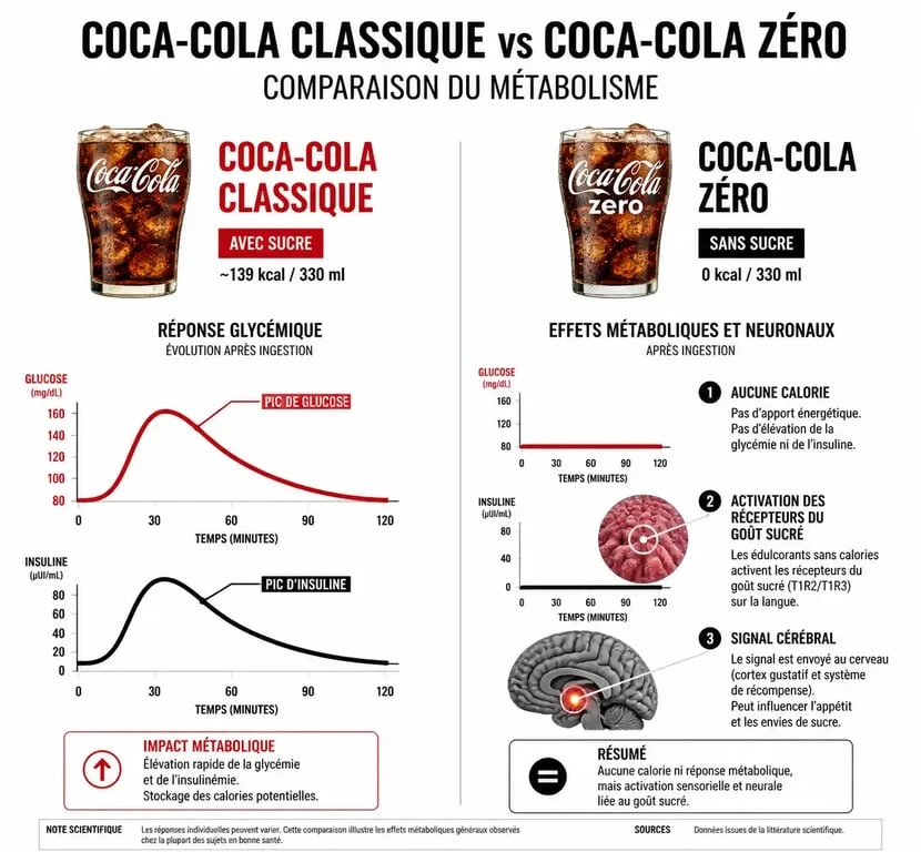 Infographie comparant l'impact métabolique du Coca-Cola classique et du Coca-Cola Zéro sur la prise de poids