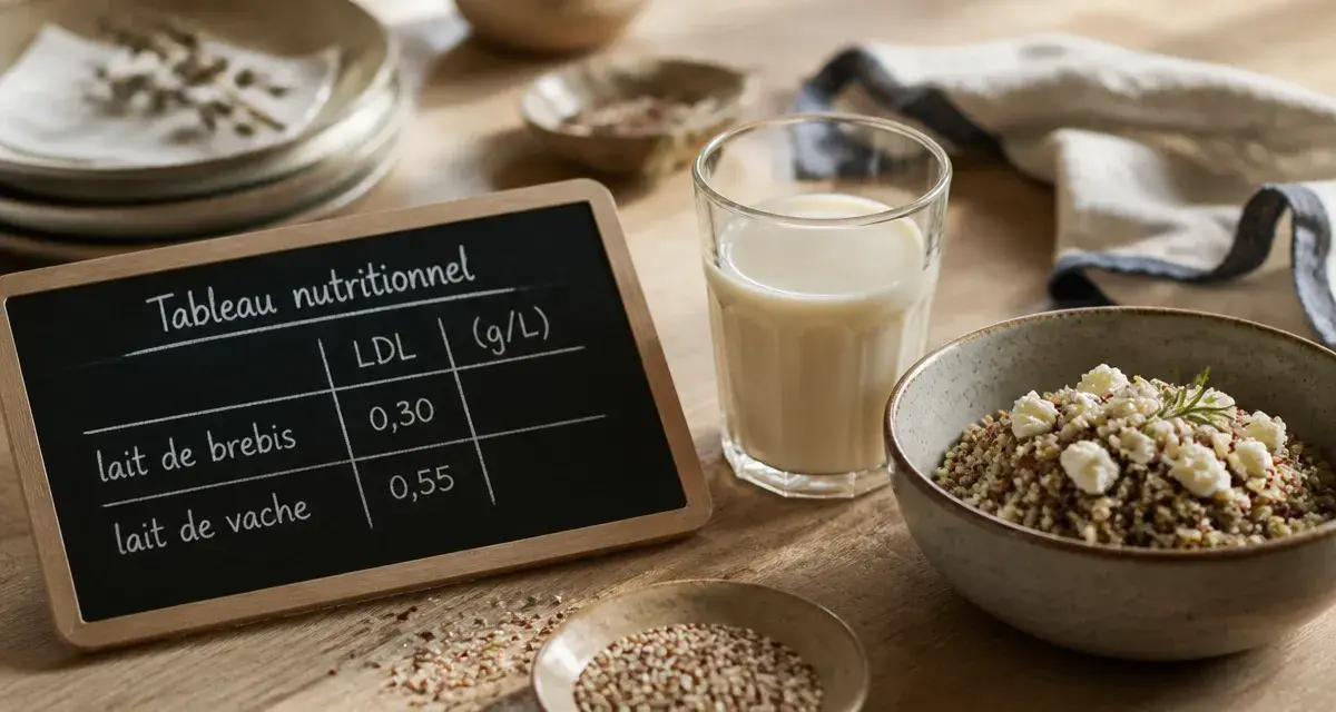 Lait de brebis et cholesterol : verre de lait de brebis, quinoa et feta
