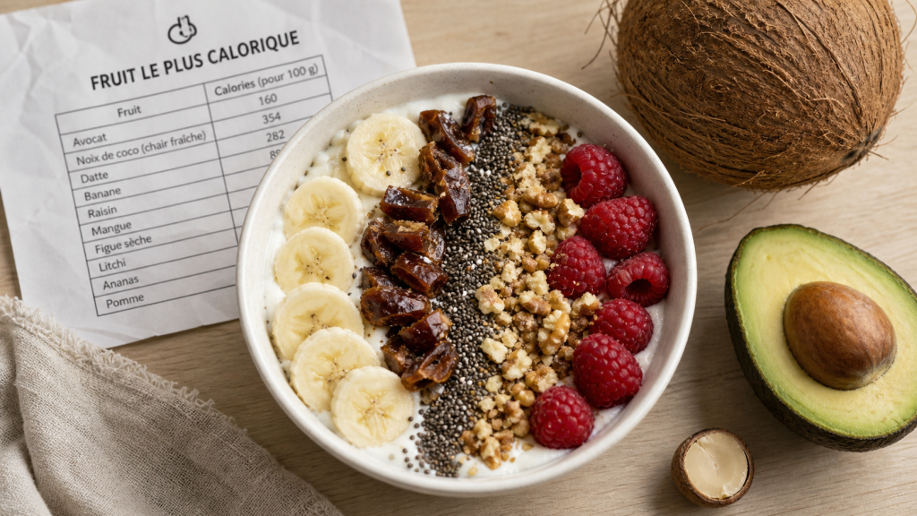 Le fruit le plus calorique : fruits frais, secs et oléagineux sur table