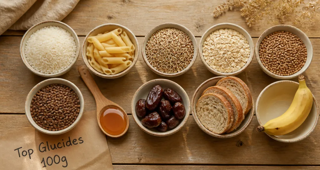 Les 10 aliments les plus riches en glucides en bols sur table