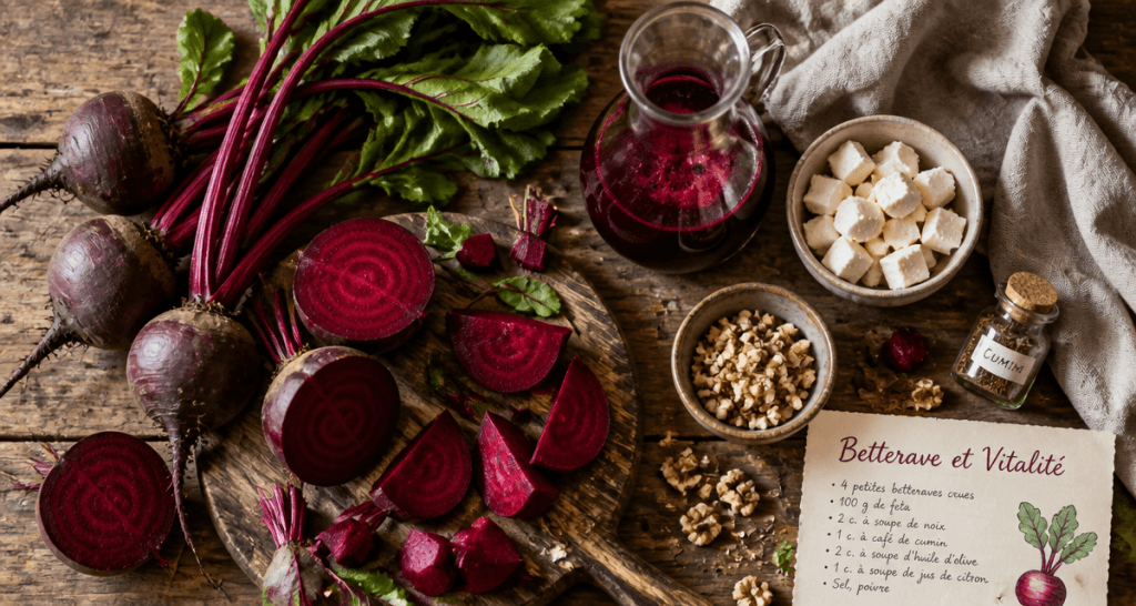 les bienfaits de la betterave sur une table avec ingrédients