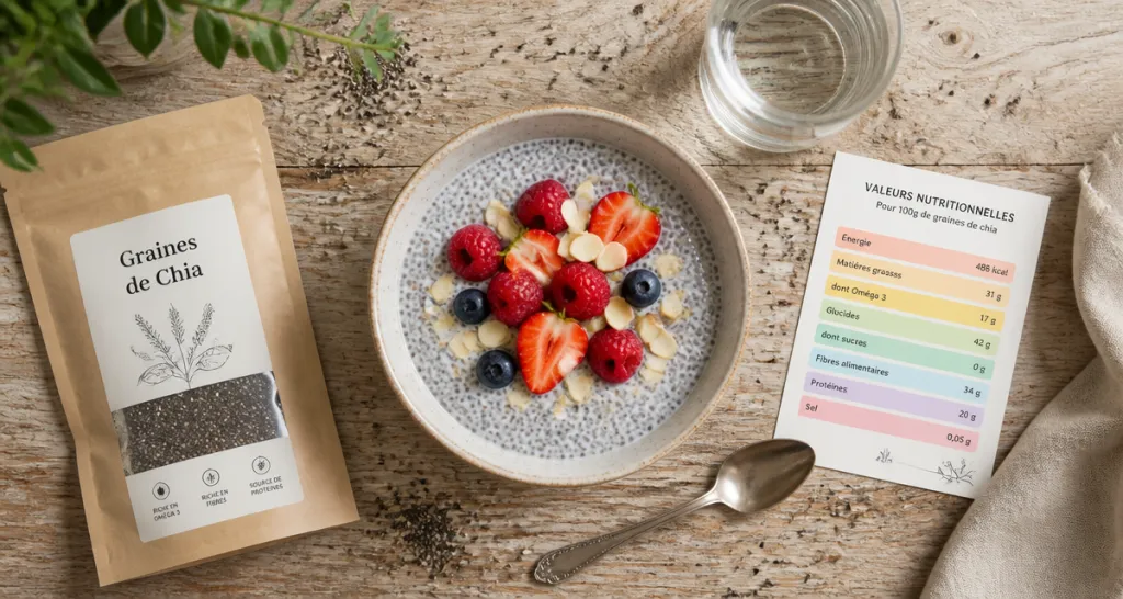 Les graines de chia bienfaits sur une table avec pudding et fruits