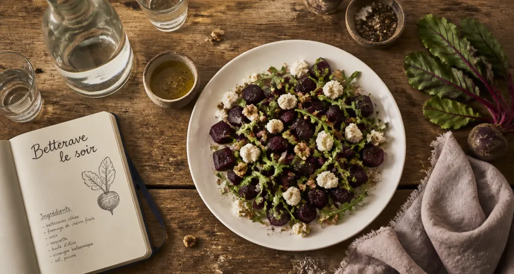 Manger de la betterave le soir, salade de betteraves, fromage et noix au dîner